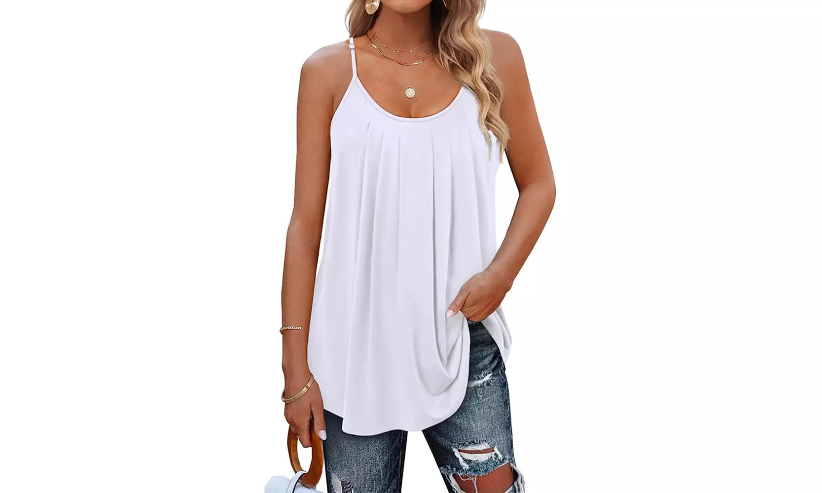 Women Summer Tank Tops Pleated Spaghetti Strap Loose Fit Casual Sleeveless