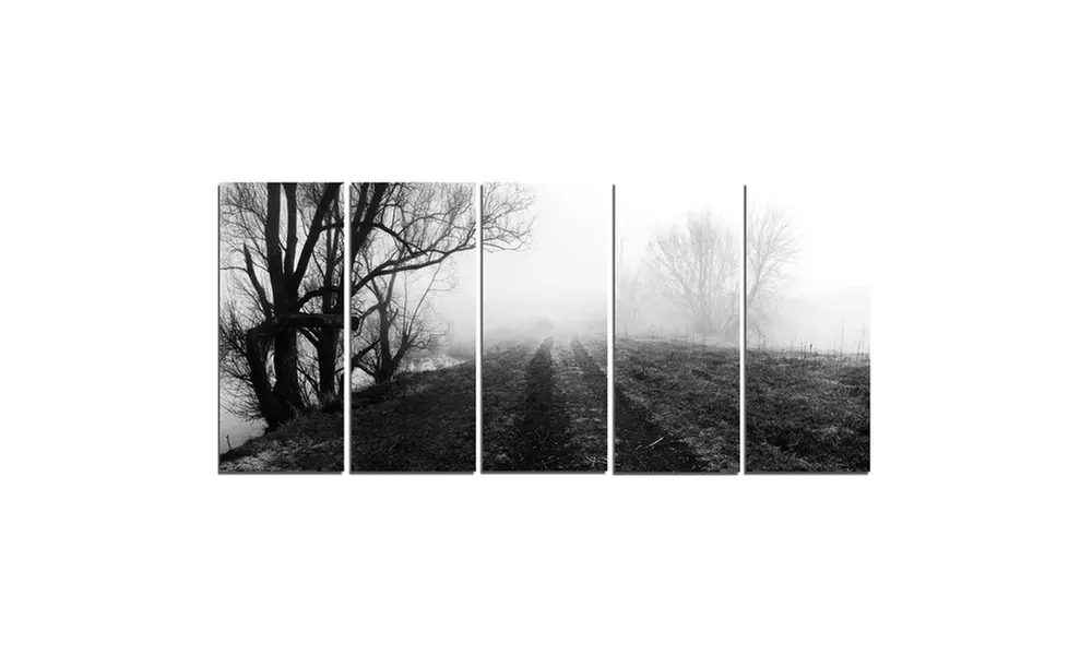 Black and White Misty Landscape Panorama - Landscape 5 Panel Metal Wall Art - Second Medium