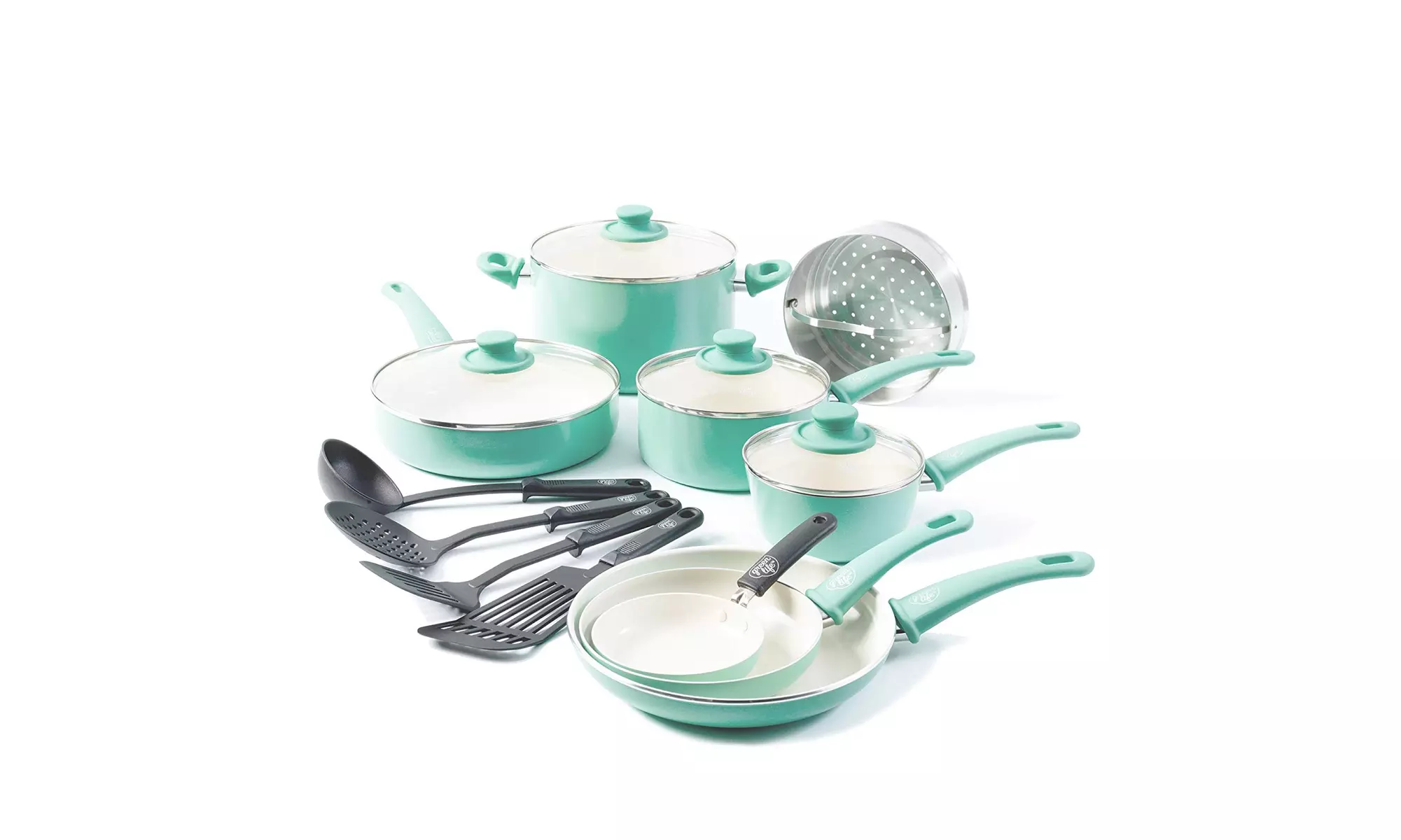 GreenLife Soft Grip 16pc Ceramic Non-Stick Cookware Set, Turquoise - Primary Image