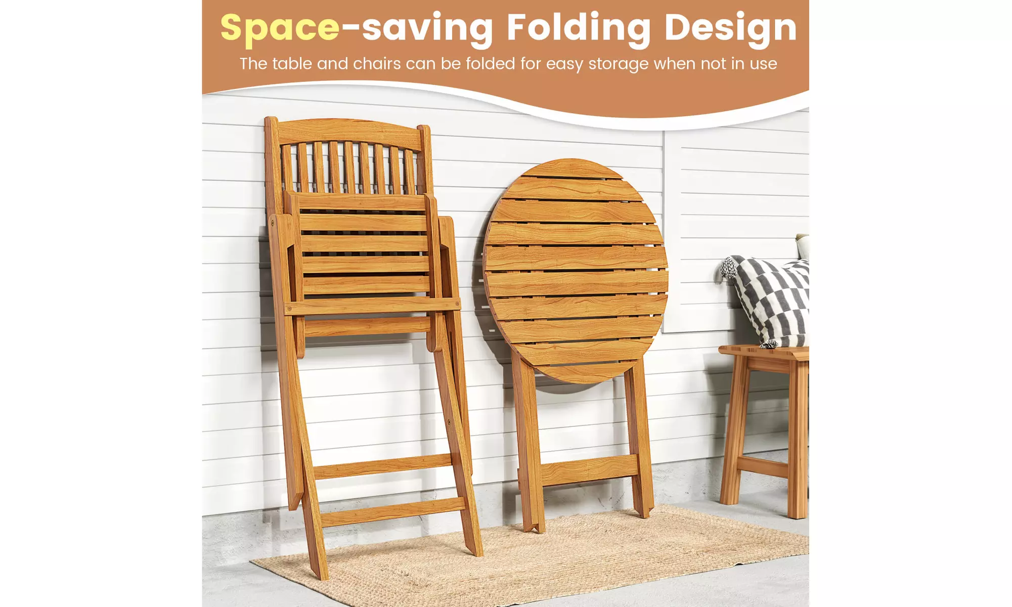 Costway Outdoor Folding Chairs Acacia Wood High-Back Chair with Seat Cushions