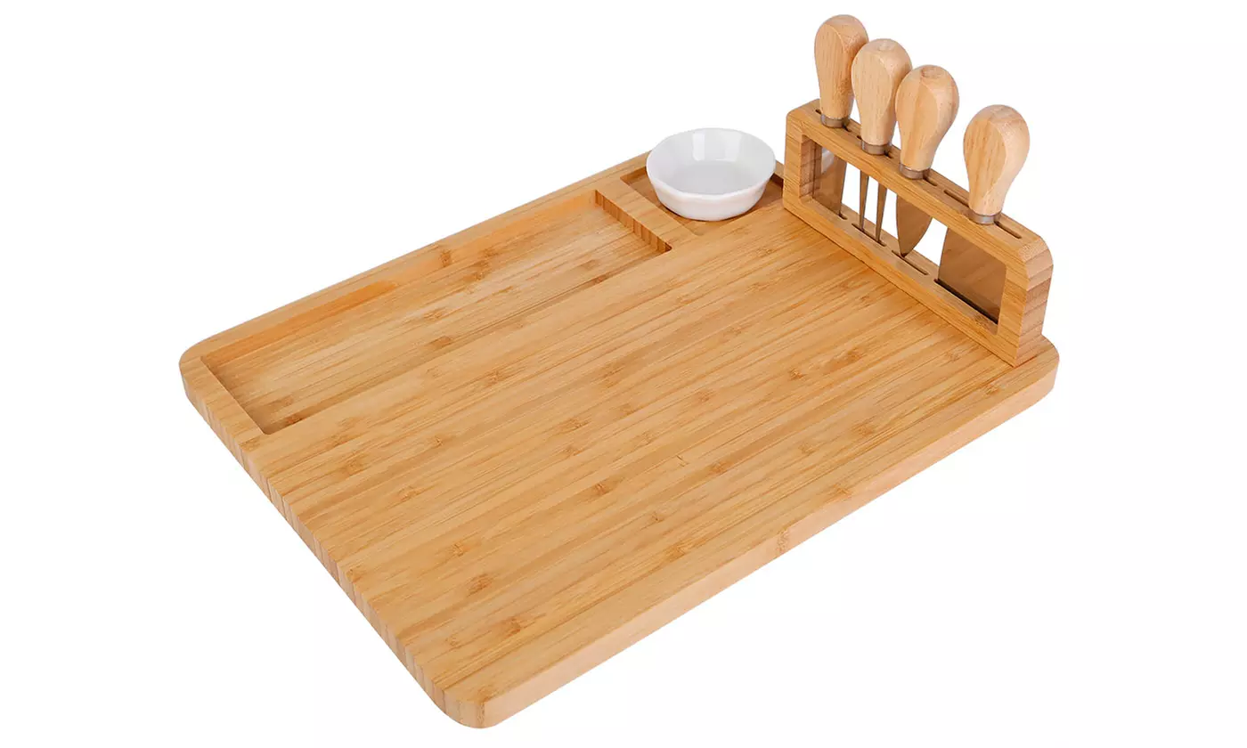 NewHome Bamboo Cheese Board & Charcuterie Platter Set w/ Knife Holder & Cutlery