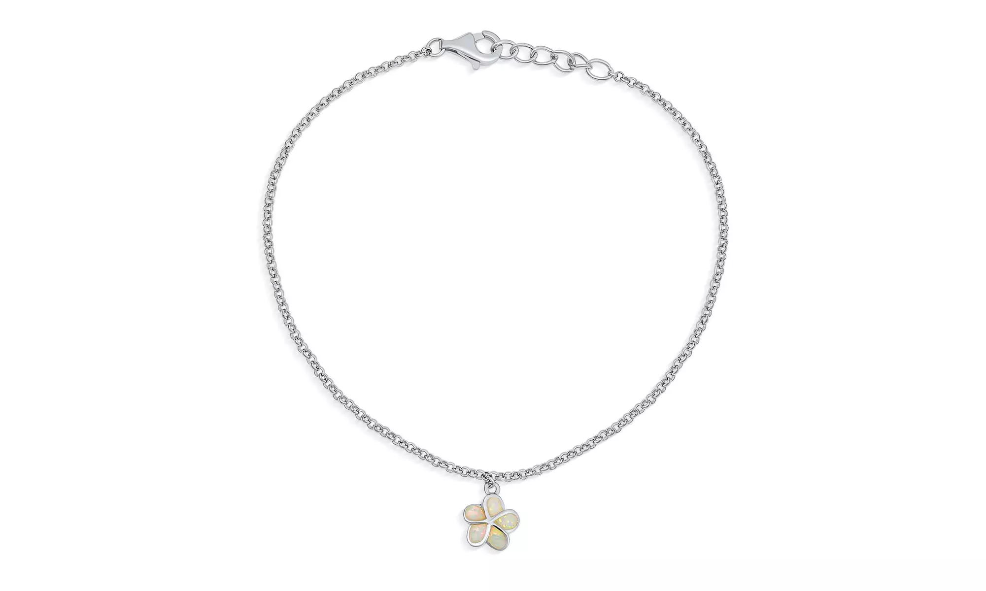Created White Opal Plumeria Flower Anklet Link Chain Sterling Silver - Primary Image