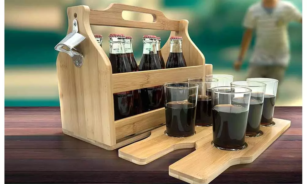 Sorbus Wooden Bottle Caddy Drink Holder - Beer Carrier, Opener & Sampler Boards - Second Medium