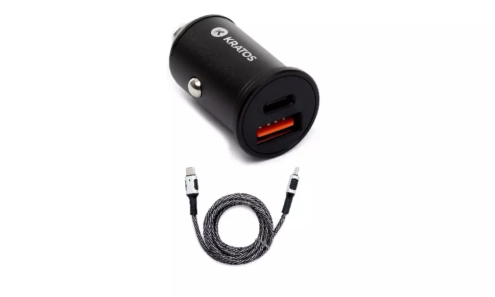 Kratos 36W 2-Port USB-A and Type-C Mini Car Charger with USB-C to USB-C Cable - Primary Image