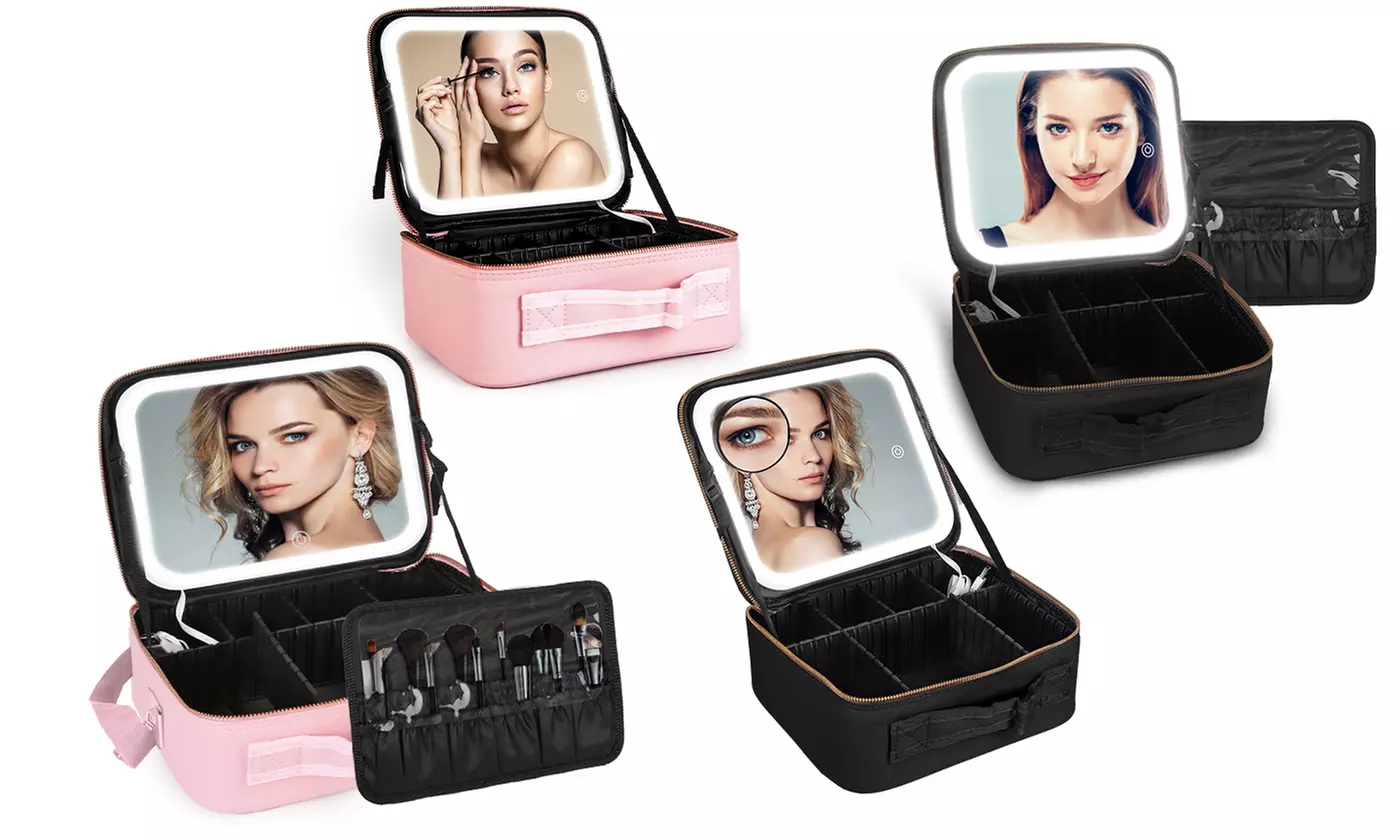N'POLAR Travel Makeup Bag with Adjustable Dividers, LED Mirror and Brush Holder