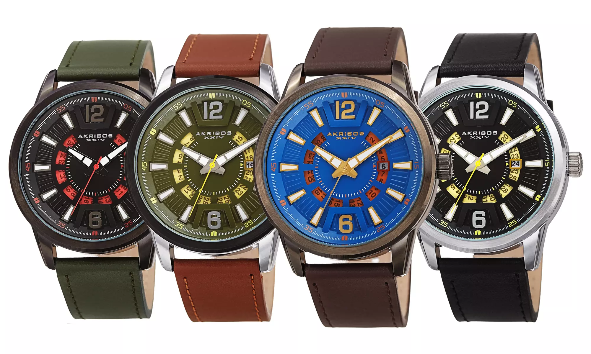 Men's Akribos AK1079 Unique Date Wheel Textured Pattern Dial Leather Strap Watch - Primary Image