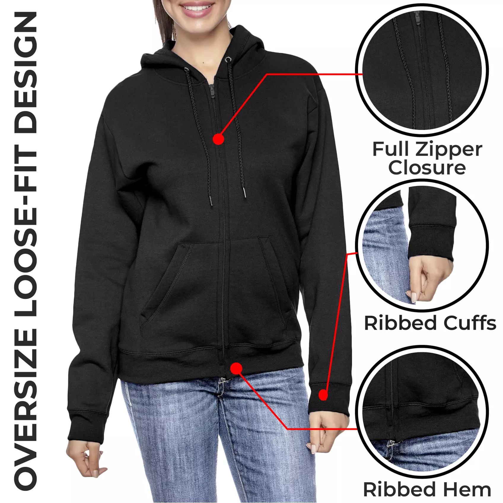 Women's Oversize Loose Fit Fleece-Lined Zip Hoodie Sweater