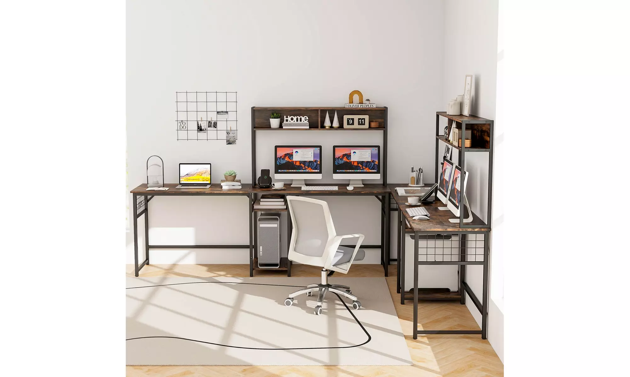 L-shaped Desk with Power Outlet Large Corner Desk Converts to 2-Person Long Desk