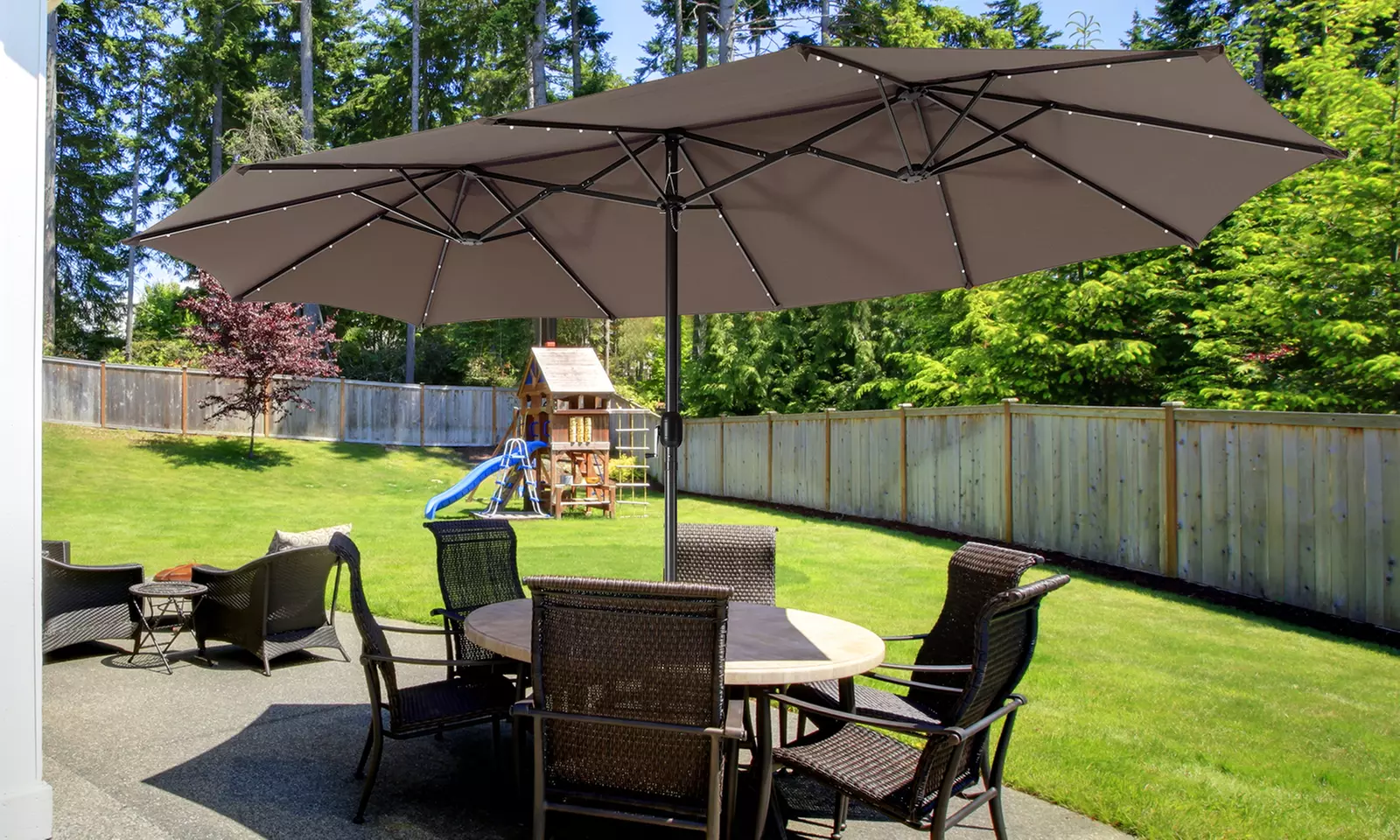 Costway 15FT Twin Patio Double-Sided Umbrella 48 Solar LED Lights Crank Outdoor
