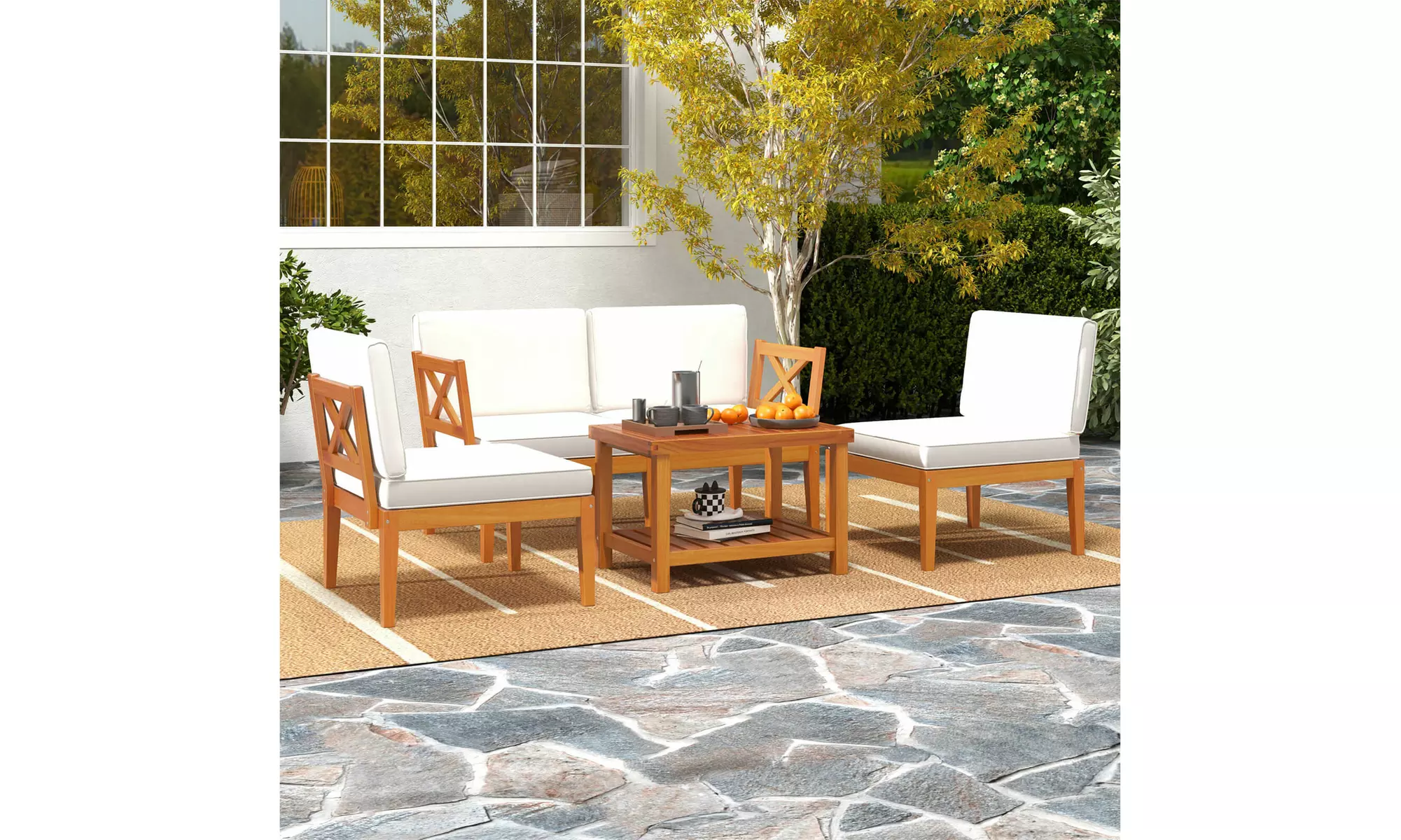 Costway Acacia Wood Patio Furniture Set with Cushions and 2-Tier Coffee Table