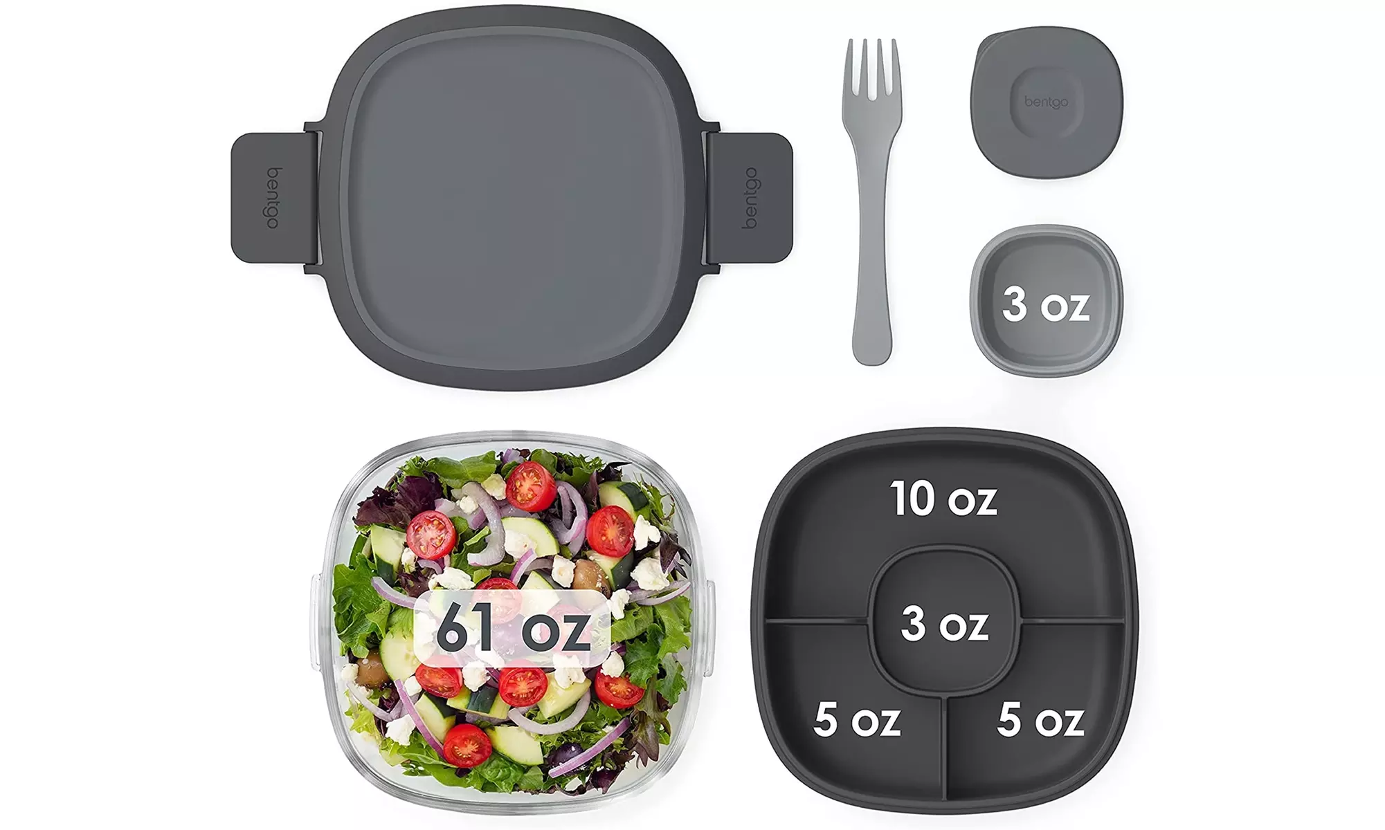 Glass Leak-Proof Container w/ Large 61-oz Salad Bowl, 4-Compartment Bento-Style - Second Medium