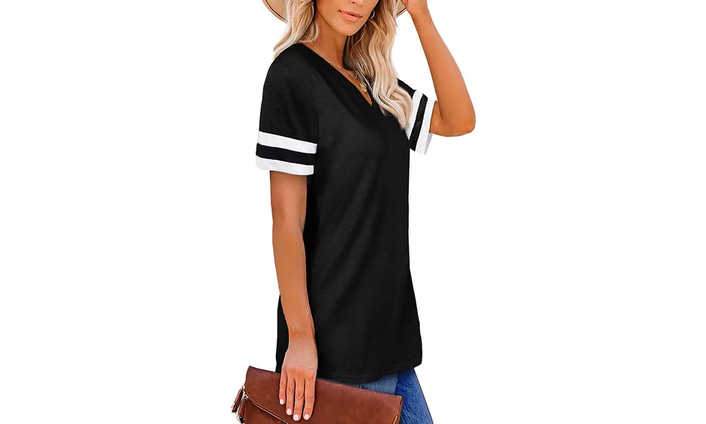 LESIES Women's V-Neck Tunic Style Short or Long Sleeve T-Shirts (S-2XL)