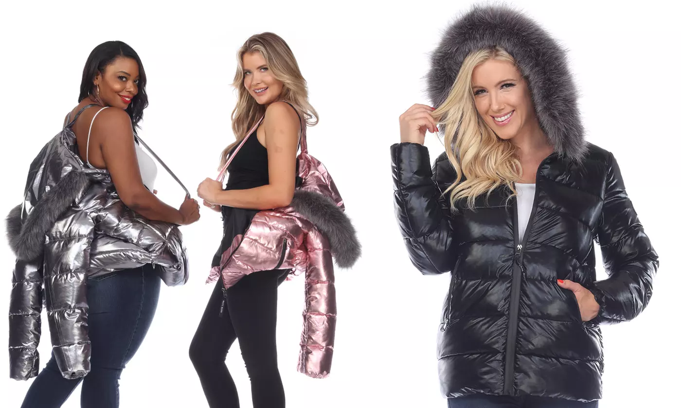 Metallic Puffer Coat with Hoodie. Plus Available - Primary Image