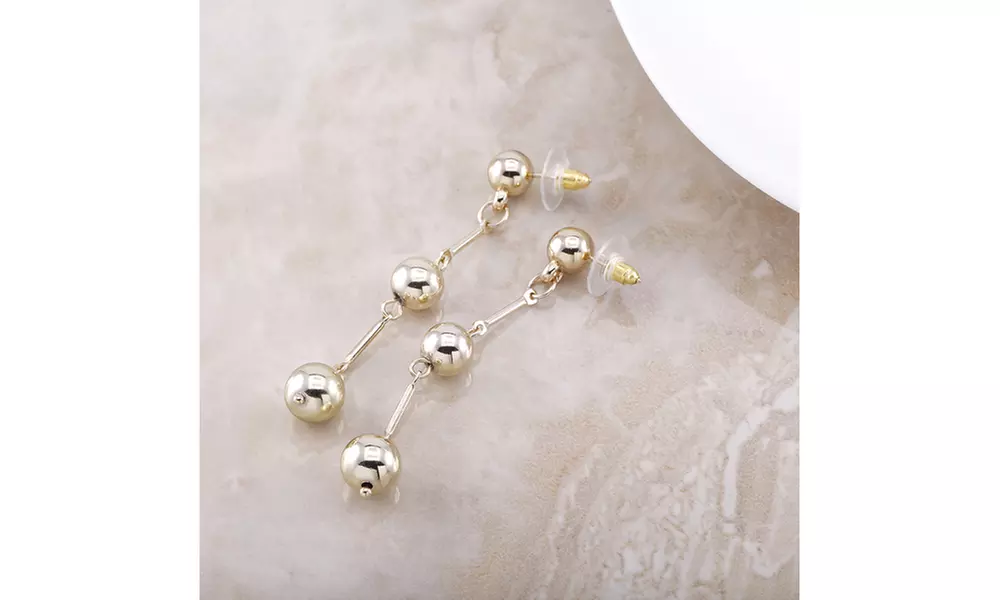 Yellow Gold Plated Drop Triple Ball Earrings - Primary Image