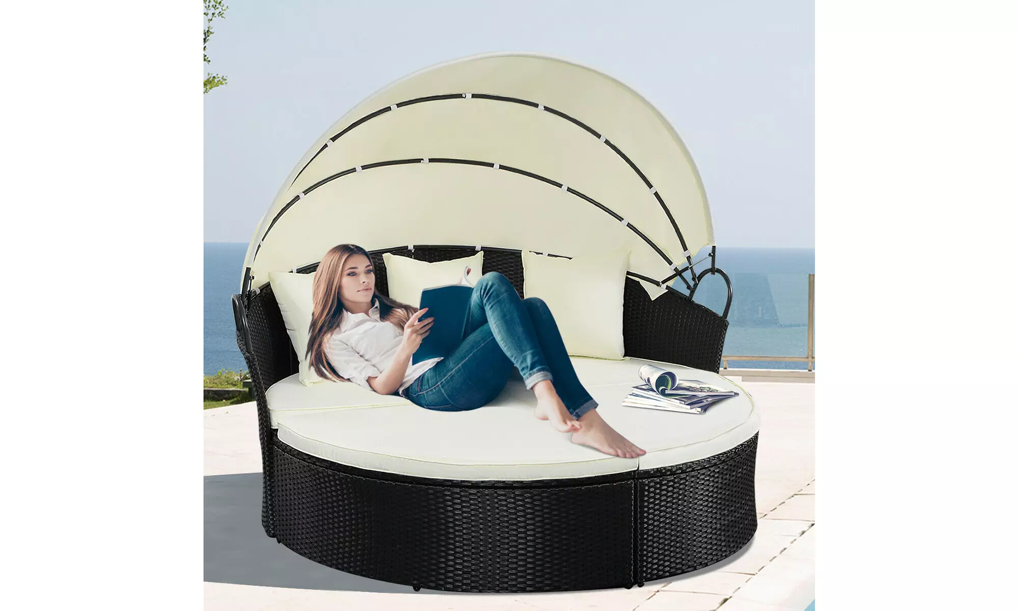 Costway Outdoor Round Sofa Daybed-Black,Retractable Canopy,Patio Furniture - Primary Image