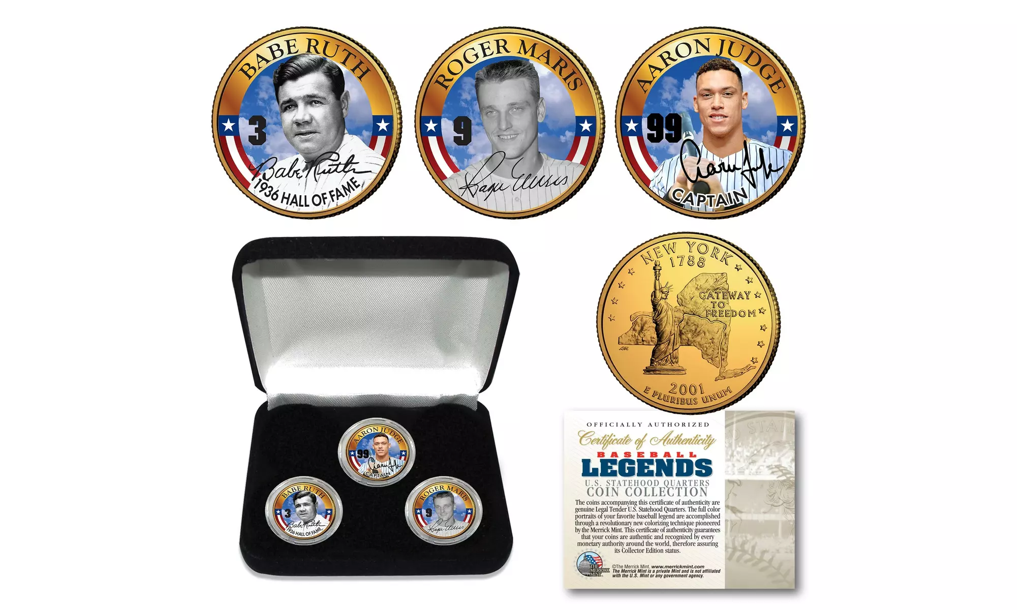 RUTH / MARIS / JUDGE NY State Quarters 24K Gold Clad HR Record 3-Coin Set w/BOX - Primary Image