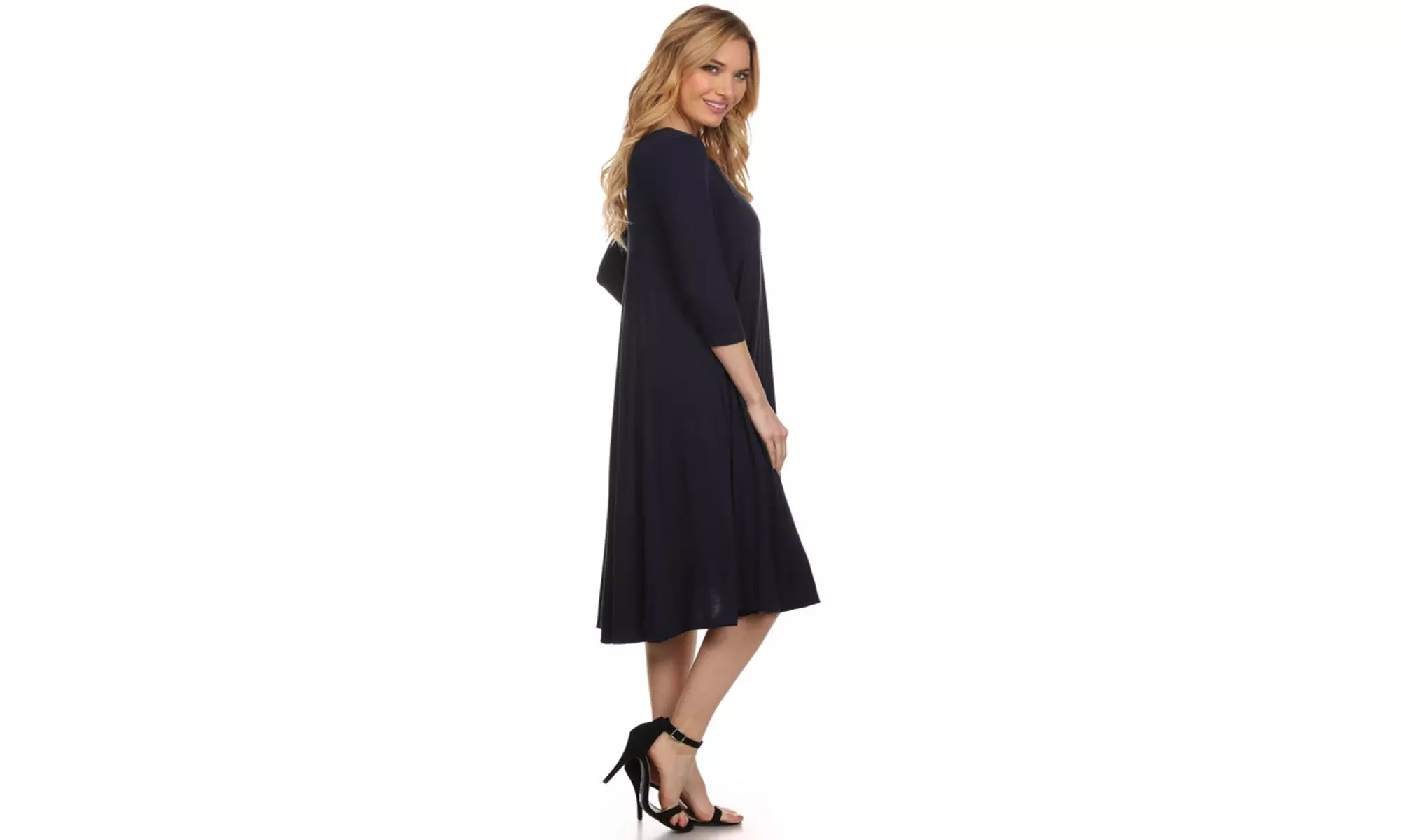 Women's Solid Casual Comfy 3/4 Sleeve Loose Fit A-line Midi Dress