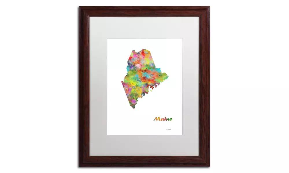 Marlene Watson 'Maine State Map-1' Matted Wood Framed Art - Second Medium