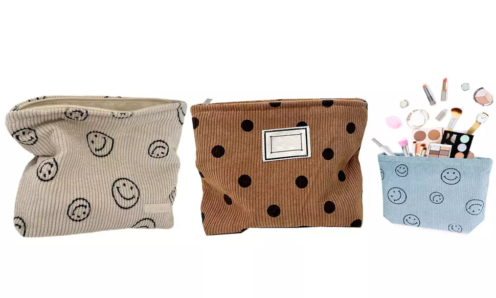 Corduroy Smiley Face Makeup Bag Cosmetic Bag Purse Pouch with Zipper  - Primary Image