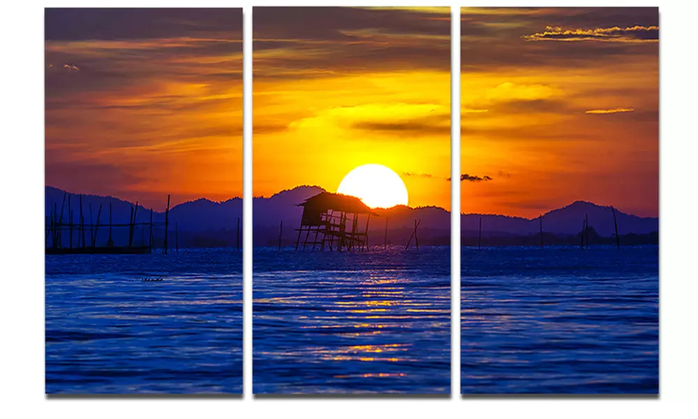 Old Wooden Pavilion in Sea Seascape Metal Wall Art 36x28 3 Panels - Primary Image