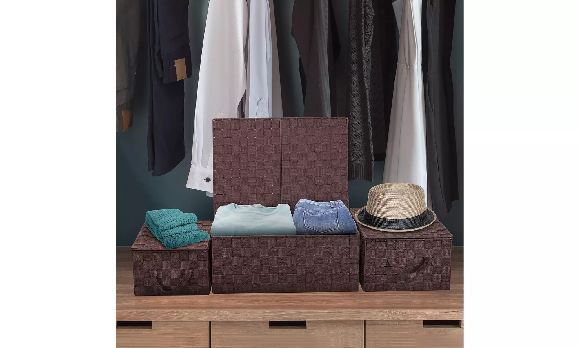 3-Pack Storage Box w/ Lid for Closet & Shelves - Woven Fabric Basket Organizer