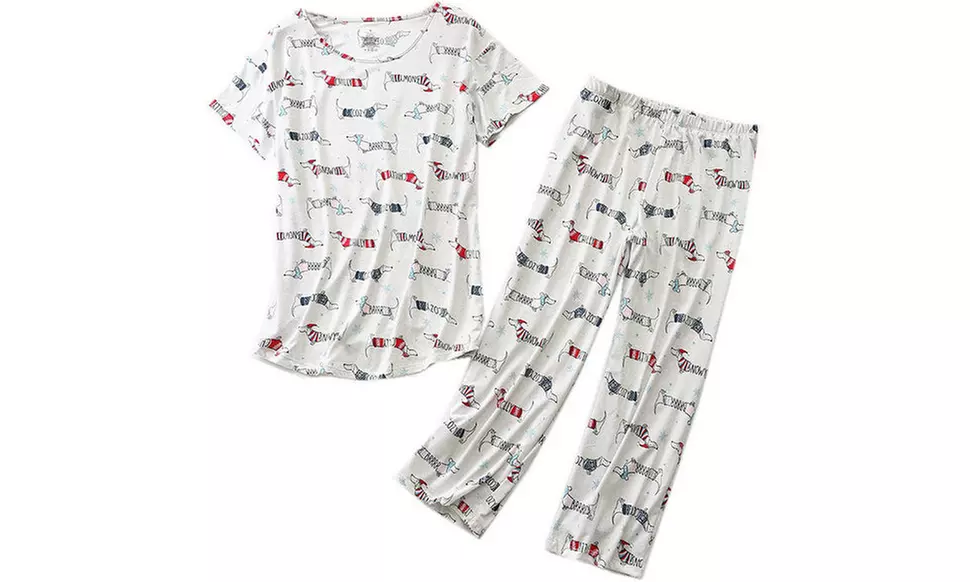 Women Summer Fun Prints Pajama Set Tops Capri Pants Casual Sleepwear