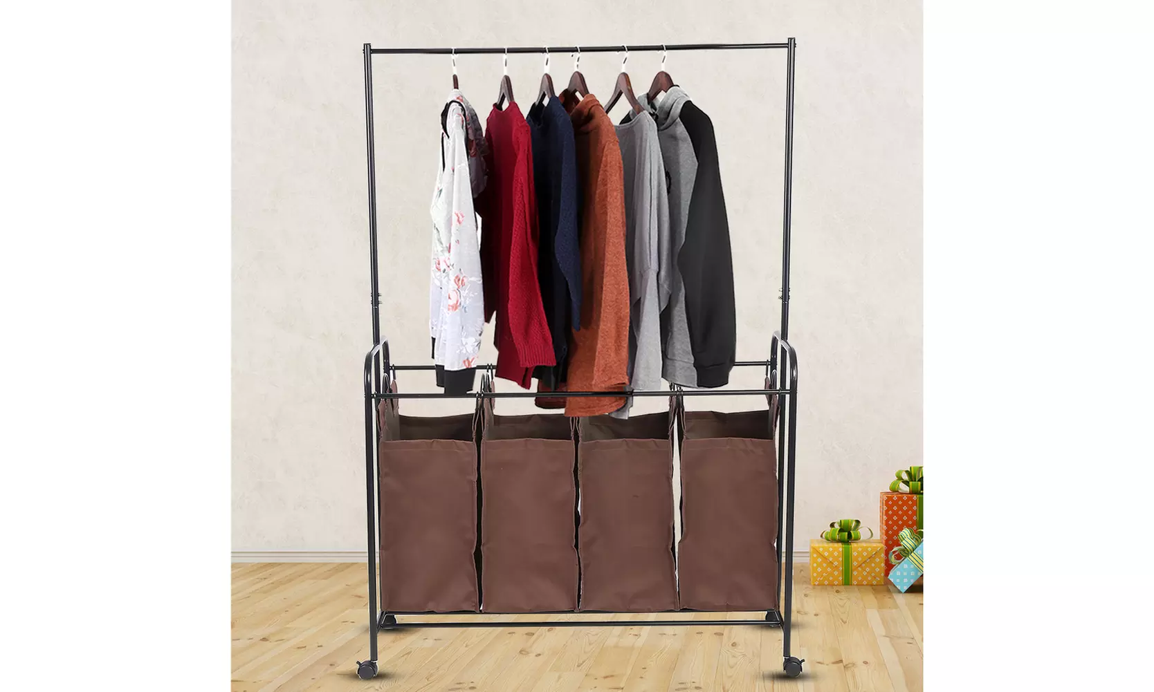 4-Bag Rolling Laundry Sorter With Hanging Bar Heavy-duty With Wheels - Second Medium