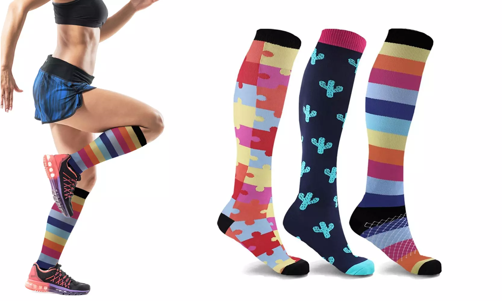 Unisex Fun Pattern Knee High Compression Socks (3 or 6-Pairs) - Primary Image