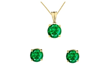 PJ Jewelry 2 Cttw Round Emerald 18 Inch Necklace In Earrings Set 18k Gold Plated VS1 2 Ct Green Round 1 Pack Emerald