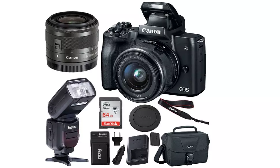 Canon EOS M50 15-45mm Mirrorless Digital Camera (Black) with 64GB Flash Bundle - Primary Image
