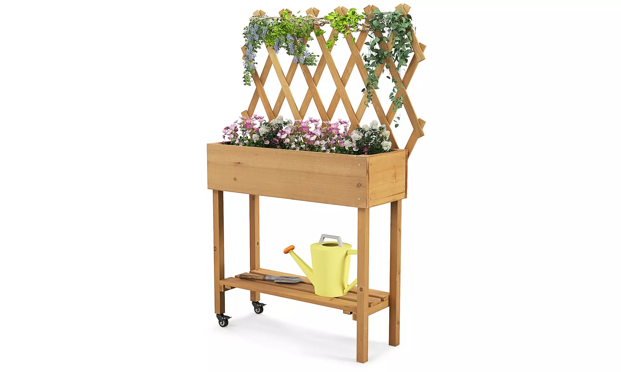 Costway Wood Raised Garden Bed w/ Trellis Storage Shelf Wheels Drainage Holes
