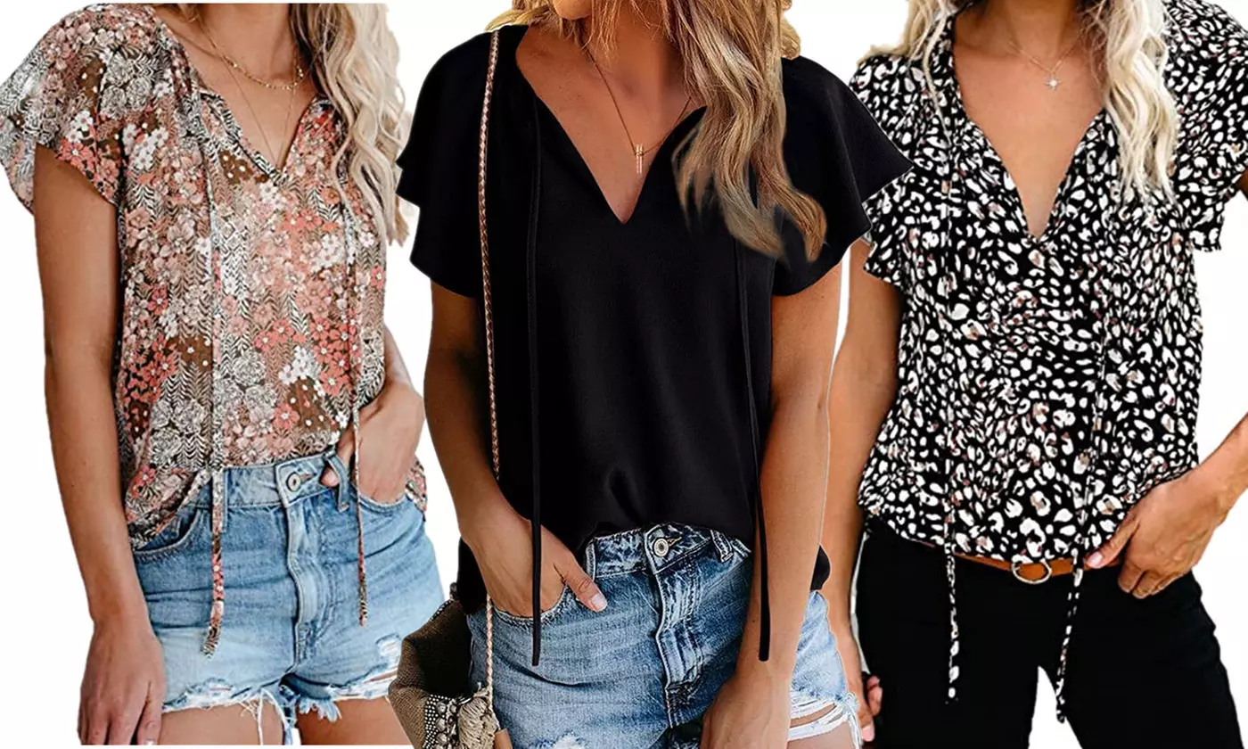 LESIES Women's Boho Tops Floral V Neck Short Sleeve Summer Blouse Shirts - Primary Image