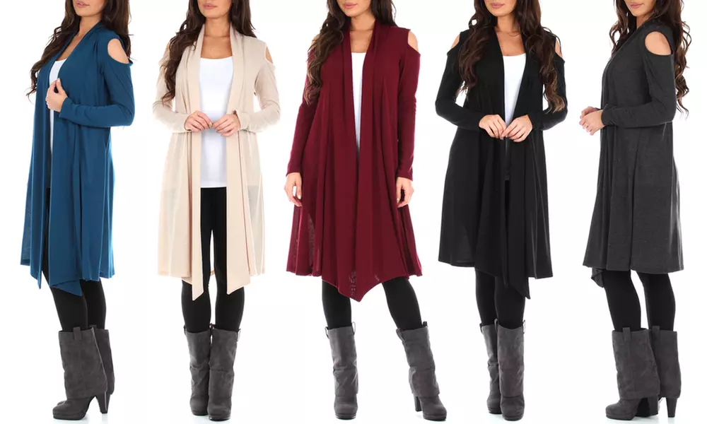 Women's Knee Length Hacci Cardigan with Open Shoulder - Primary Image