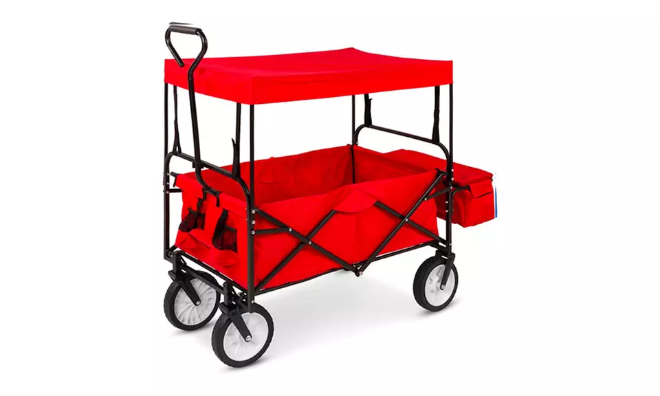 Folding Utility Cargo Wagon Cart w/Removable Canopy, Cup Holders - Second Medium