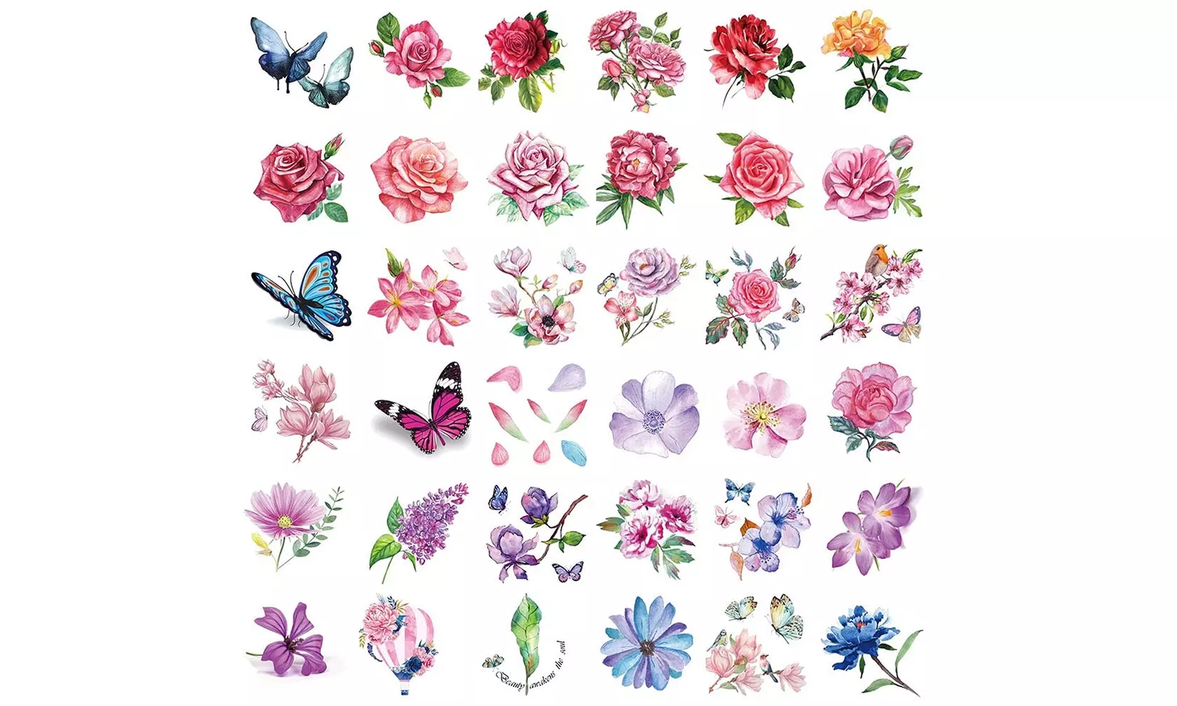 40 Sheets Flowers Temporary Tattoos Small Stickers 3D Rose Peony - Primary Image