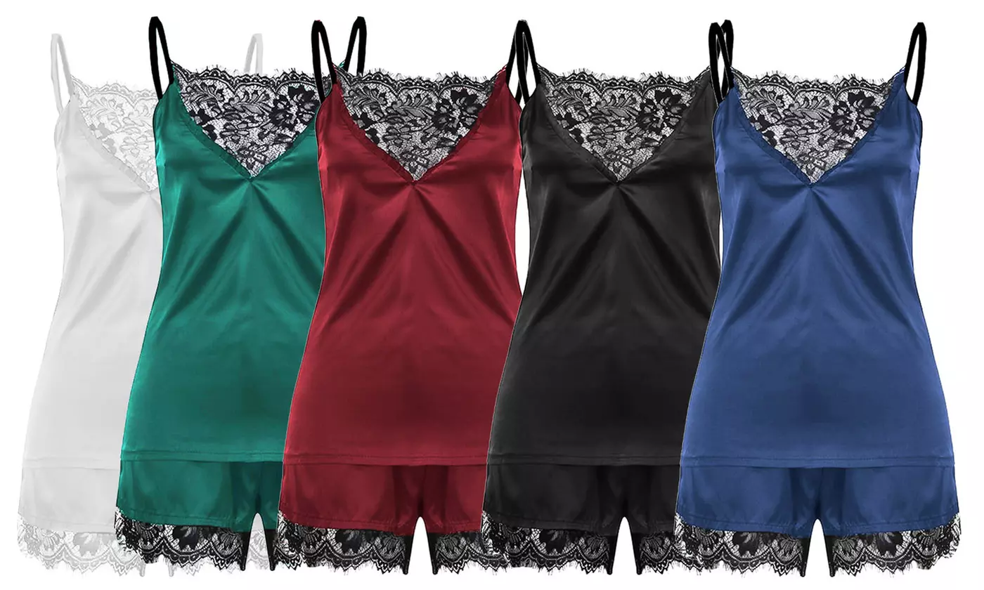 Women Satin Lace Sleepwear Babydoll Nightdress Sexy Lingerie Pajamas Set