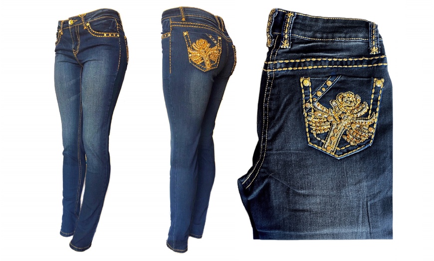 Image 7: Mid-Rise Sexy Skinny Denim Lift Jeans with Gems & Rhinestones