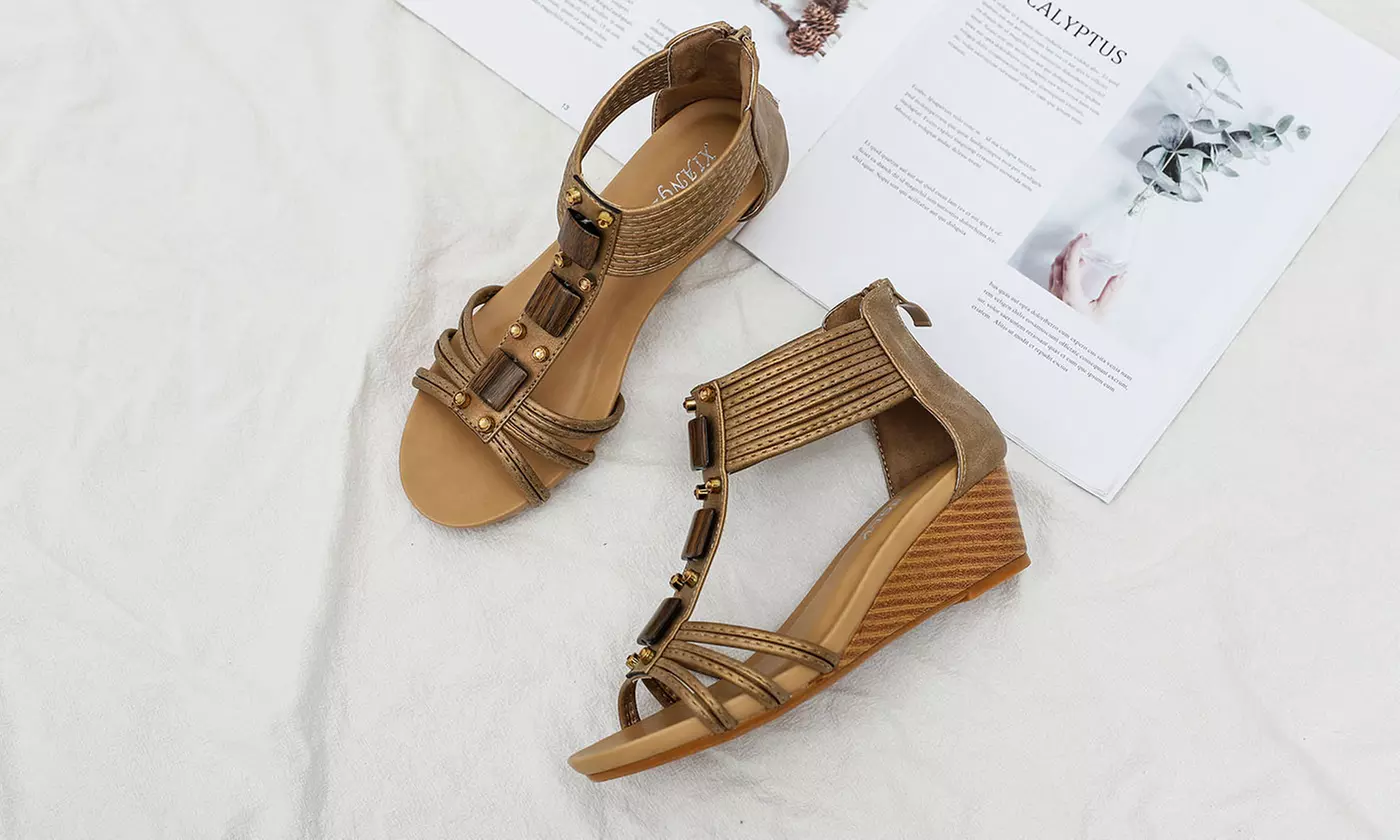 Women's Open Toe T-strap Low Wedge Sandals