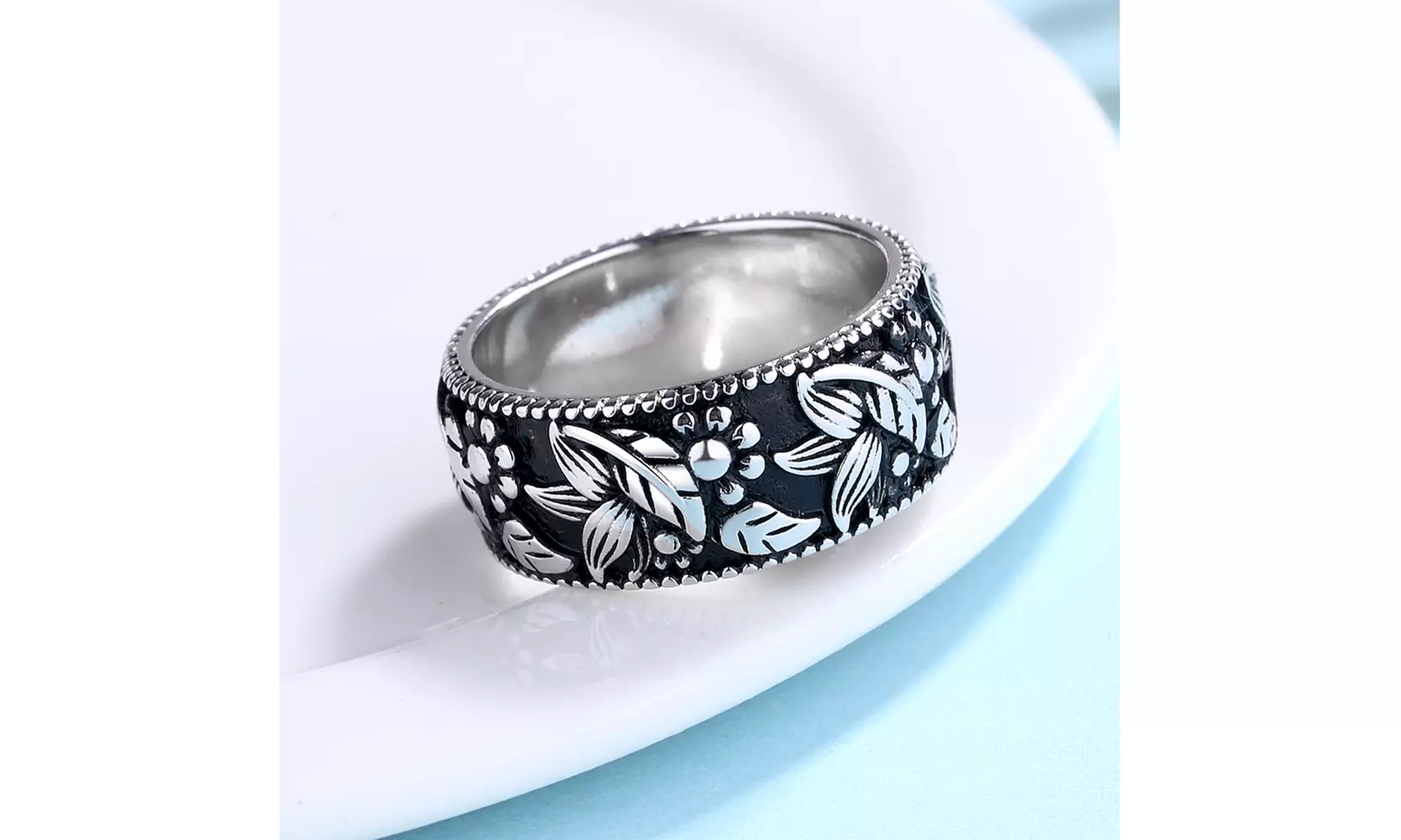 Sterling Silver Wild Flower Oxidized Band Ring - Second Medium