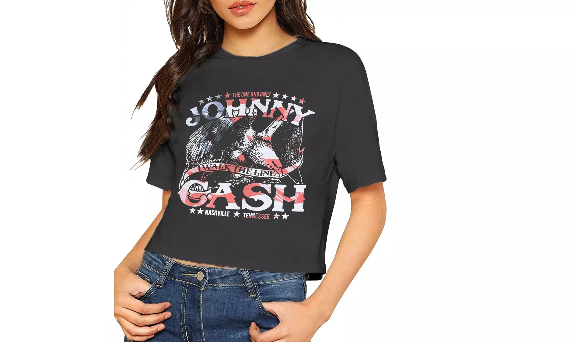 Johnny Cash Sexy Exposed Navel Female T-Shirt Bare Midriff Crop Top - Primary Image