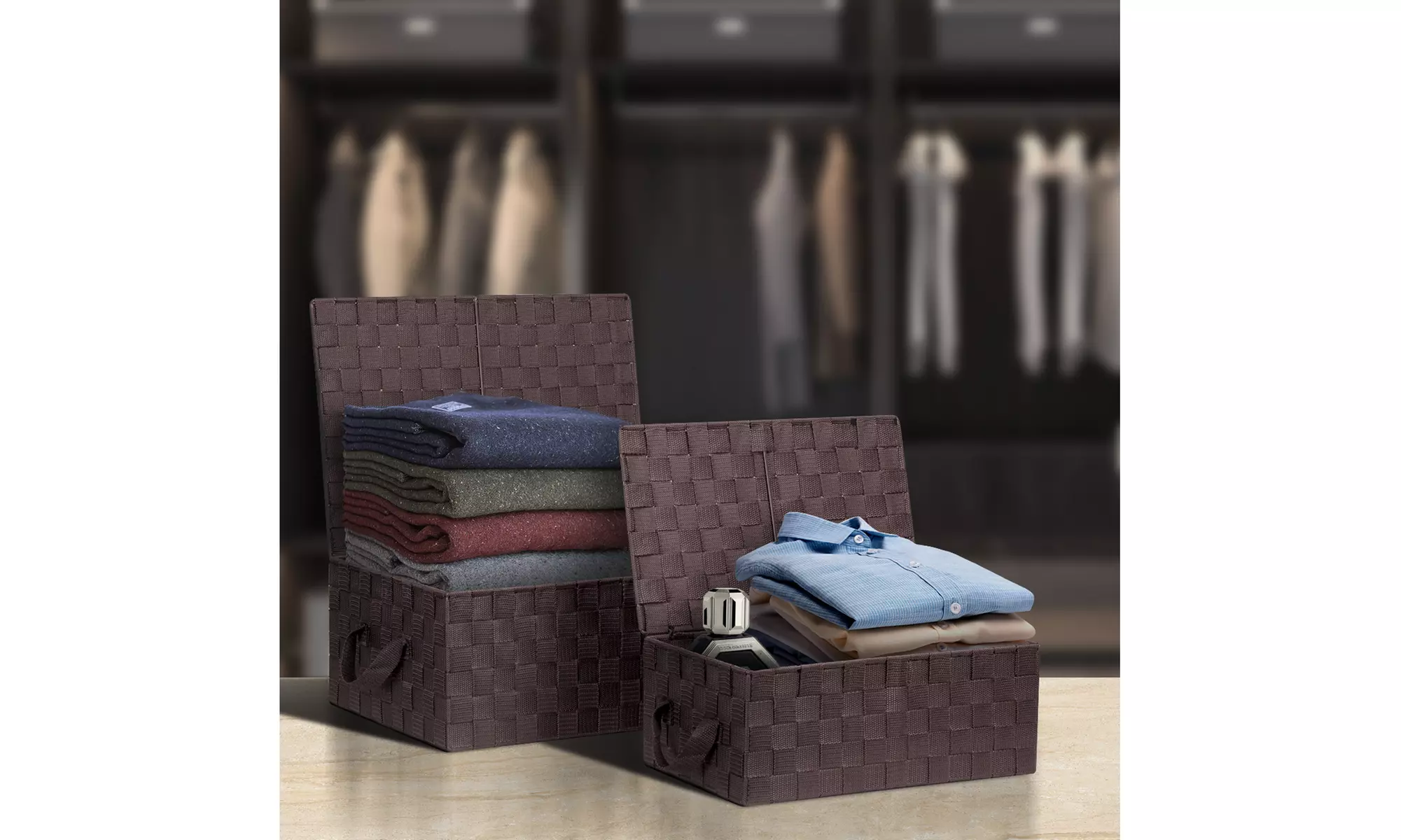 3-Pack Storage Box w/ Lid for Closet & Shelves - Woven Fabric Basket Organizer