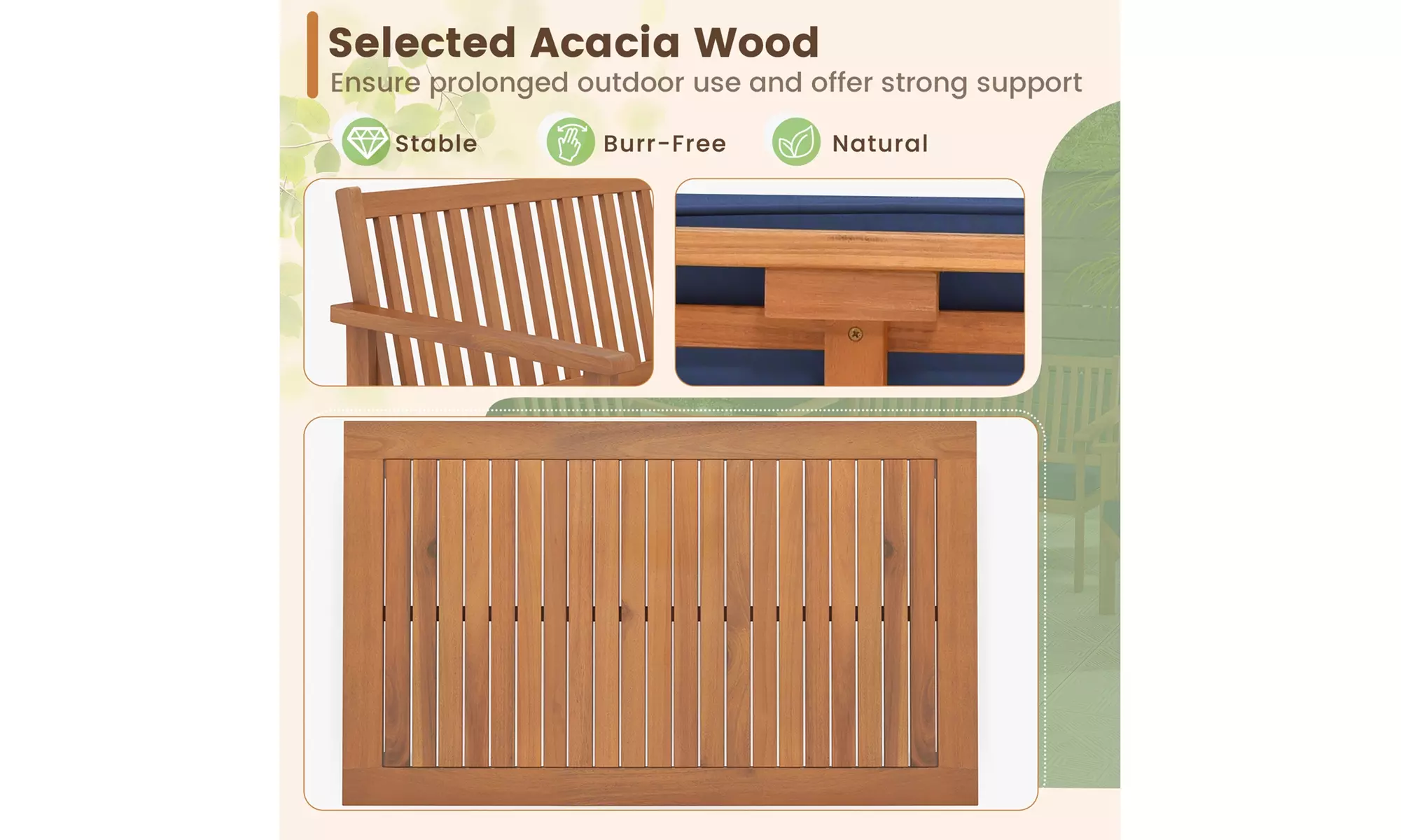 Costway 4 PCS Patio Wood Furniture Set with Loveseat, 2 Chairs & Coffee Table