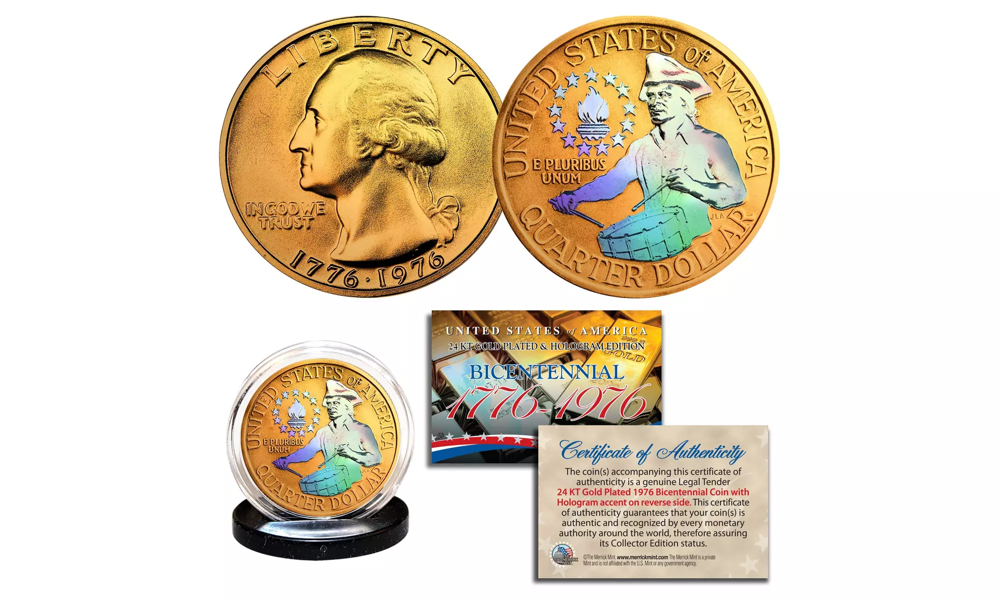 1976 Bicentennial Genuine U.S. Quarter Coin - 24K Gold Plated & Prism Hologram