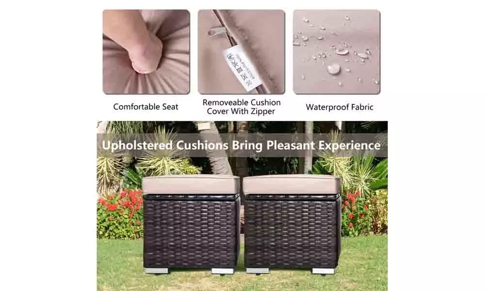 2 Pieces Outdoor Ottoman Patio Foot Rest PE Rattan Foot Stool with Storage