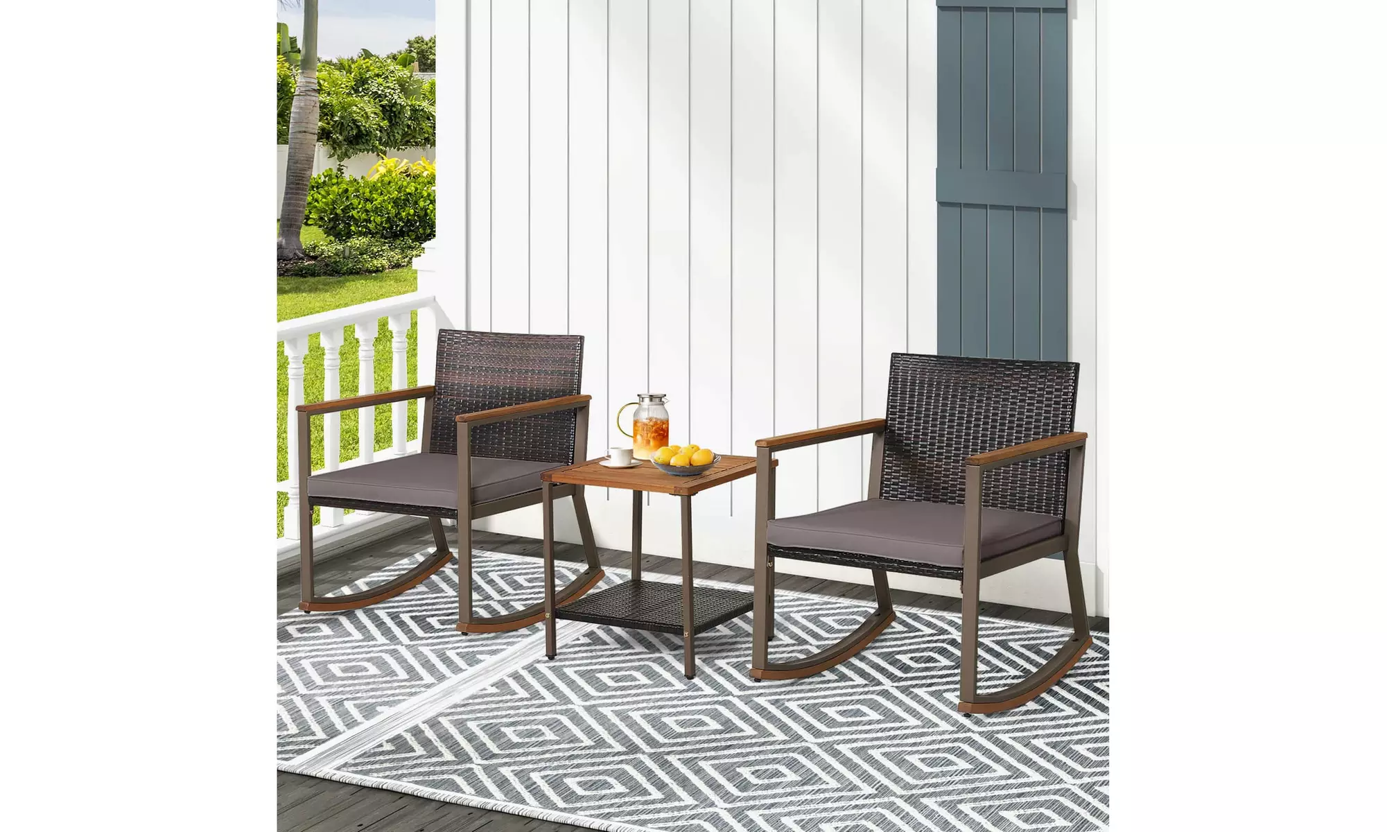 Costway 3 PCS Patio Rattan Rocking Chair Bistro Set Armrest Cushion Table