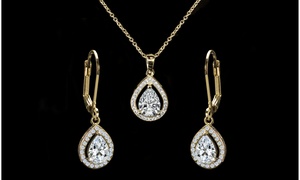 14K Gold Pear Halo Pendant and Drop Earrings Set