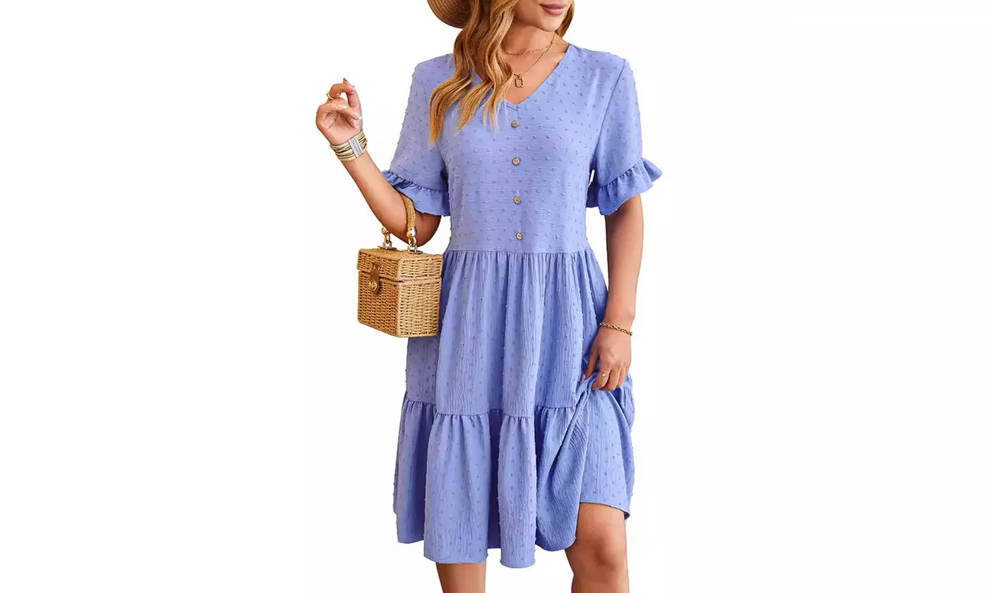 Womens V Neck Short Sleeve Swiss Dot Ruffle Hem Summer Dress 