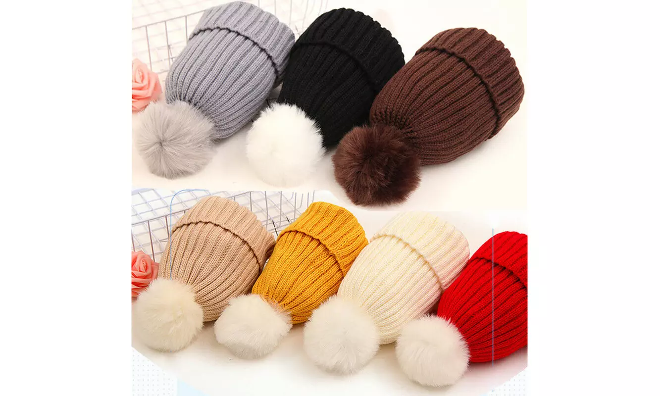 Warm Winter Knitted Beanie Fur Hat Crochet Ski Cap Gift - Primary Image