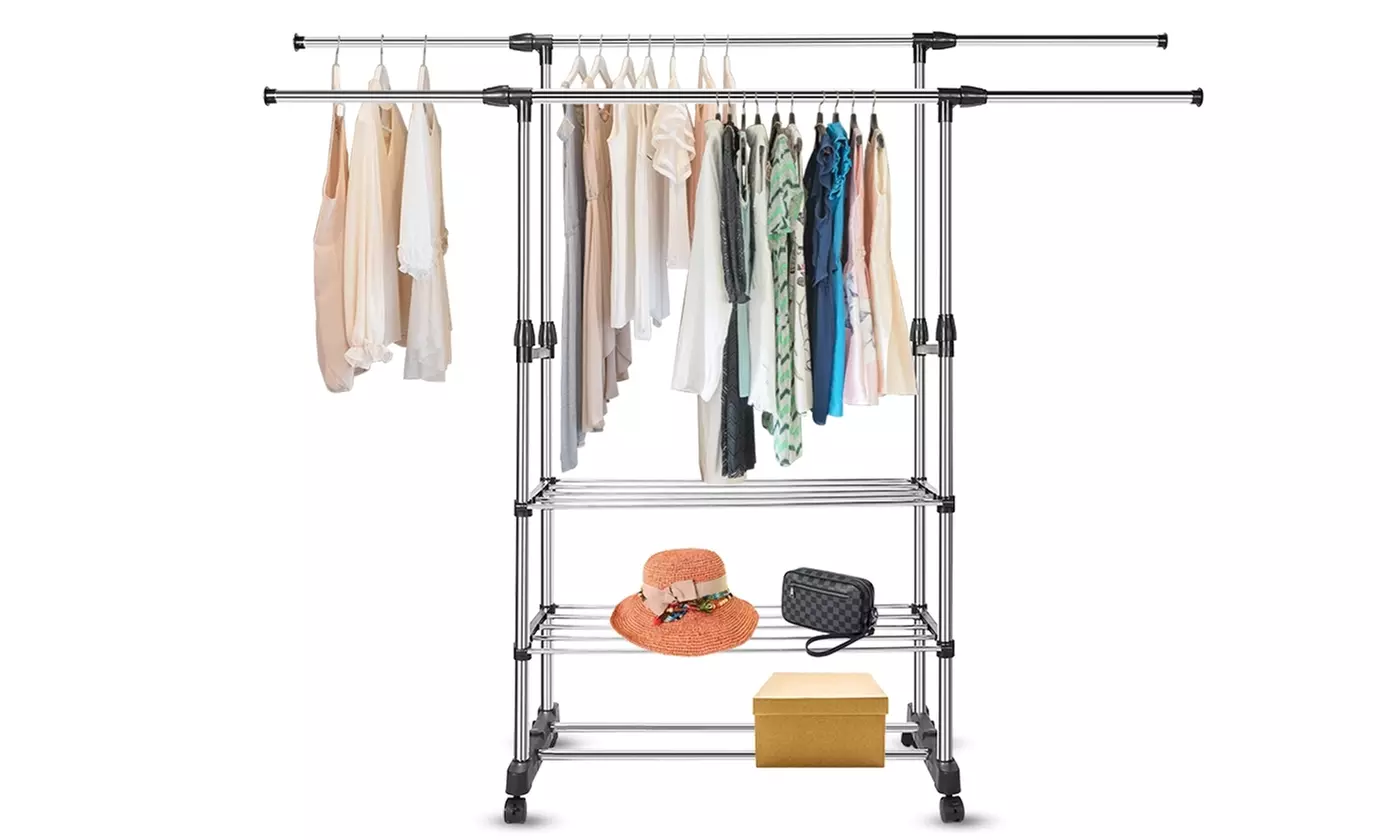 NewHome Extendable Double Rail Rolling Clothes Garment Hanging Rack w/ 3 Shelves