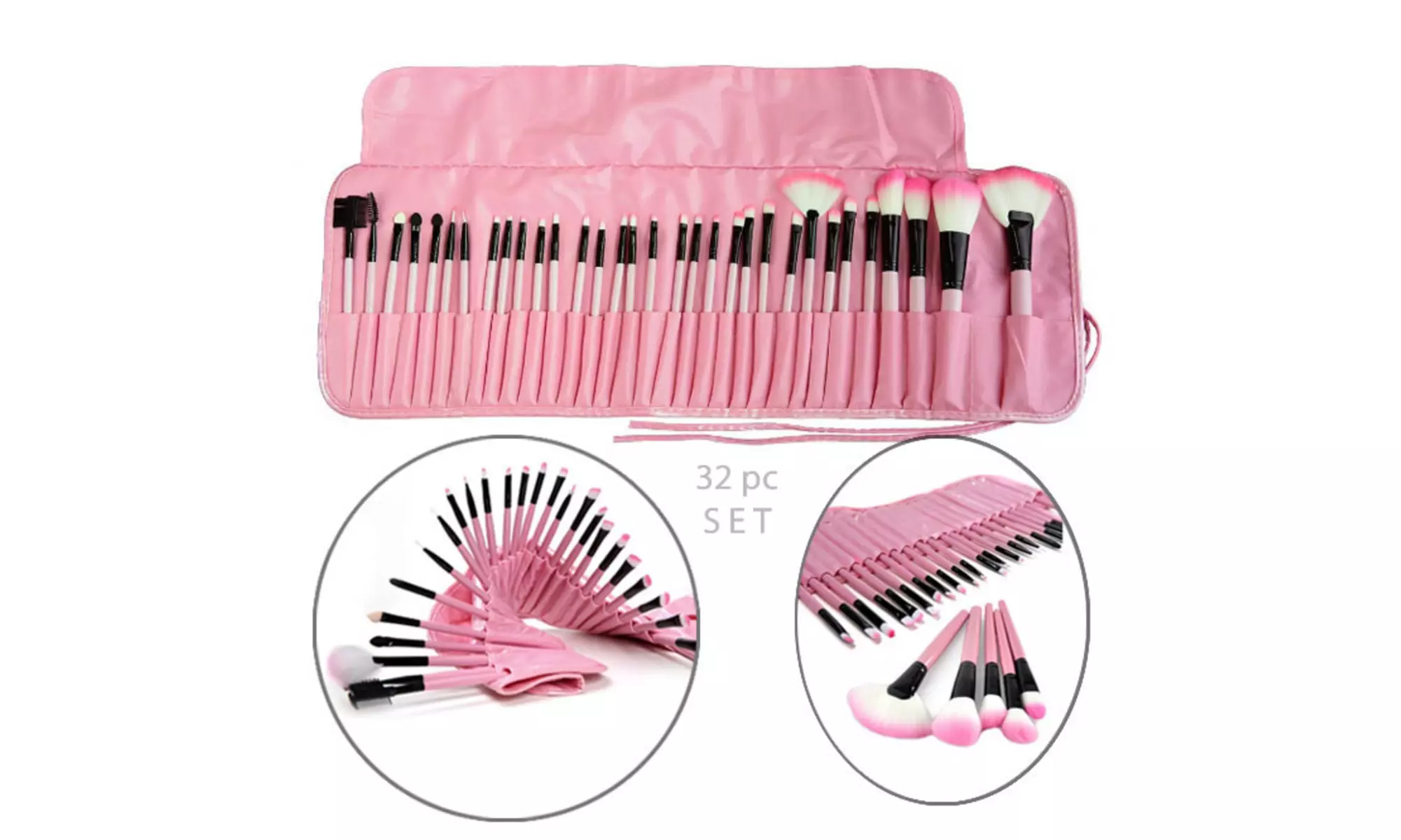 Deluxe 32-Piece Wooden Makeup Brush Set with Travel Roll - Primary Image